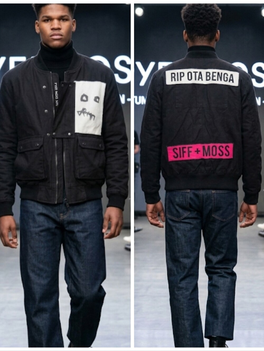 Pyer Moss Ota Benga Graphic Patch Bomber Utility Jacket Black M